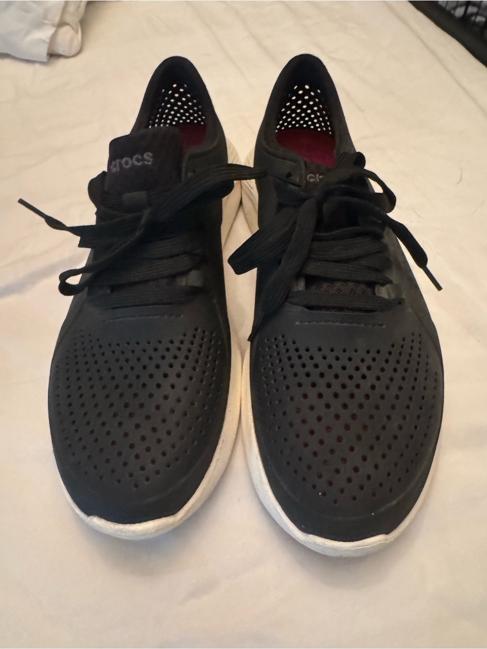 CROCS Black Perforated Lace-Up Sneakers with White Sole